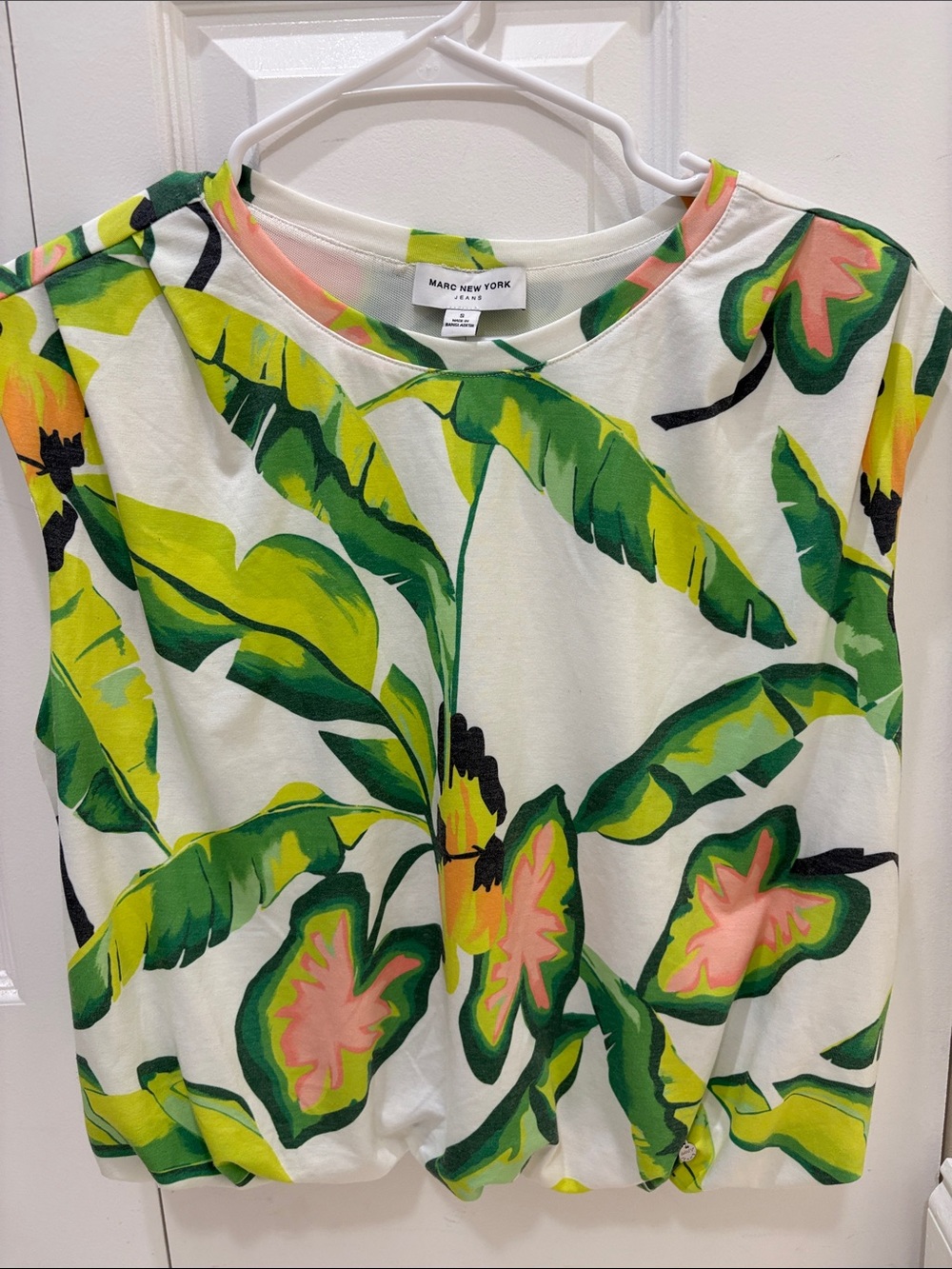 Marc New York White Tropical Leaf Short-Sleeve Tee with Pink Accents